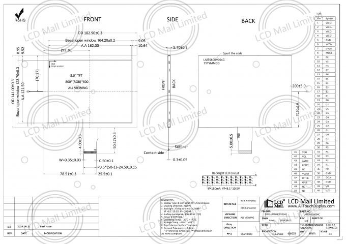 800*600 LCD パネル 400Nits TFT LCD モジュール RGB インターフェイスとALL/IPS ビュー方向 0