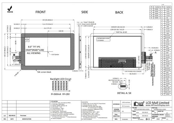スマート 8' FHD TFT LCD CTP ディスプレイ 1920*1200 LCD スクリーン IPS ビュー 1000nits LVDS インターフェース